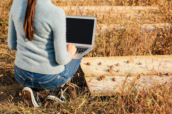 Travailleur Avec Ordinateur Portable Ferme Escargots — Photo