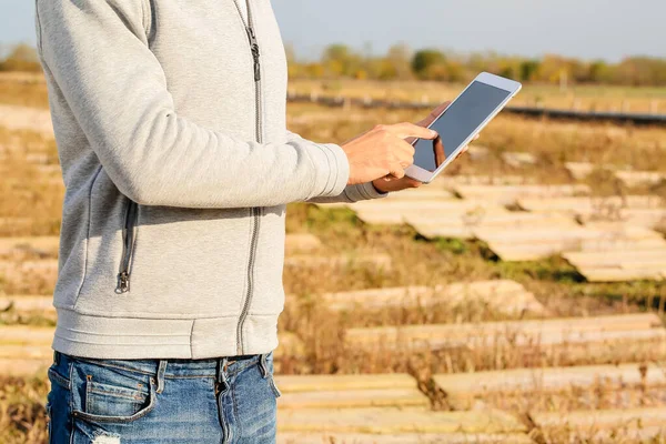 Worker with tablet computer at snail farm