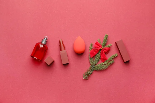 Christmas Composition Cosmetics Color Background — Stock Photo, Image