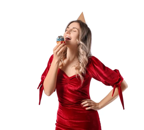 Mooie Jonge Vrouw Met Verjaardag Cupcake Witte Achtergrond — Stockfoto