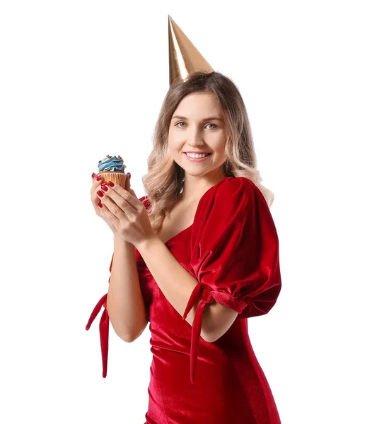 Vacker Ung Kvinna Med Födelsedag Cupcake Vit Bakgrund — Stockfoto