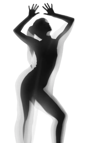 Silhouette Der Schönen Sexy Frau Hinter Vorhang Auf Weißem Hintergrund — Stockfoto