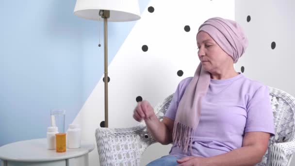 Depressed Mature Woman Chemotherapy Refusing Take Medicine Home — Stock Video