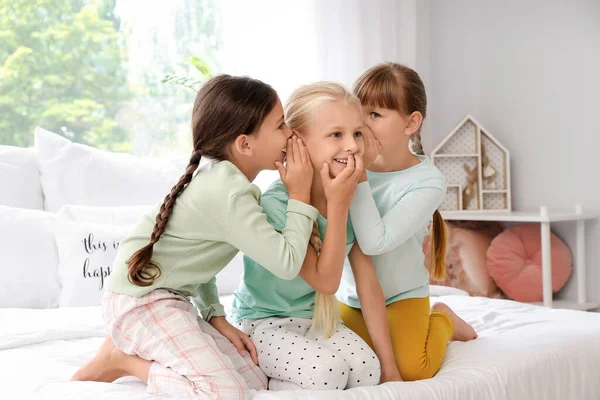 Cute Little Girls Telling Secrets Bedroom — Stock Photo, Image