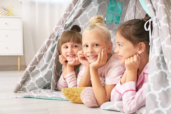 Cute Little Girls Lying Wigwam Home — Stock Photo, Image