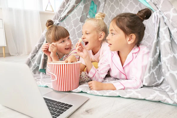 Cute Little Girls Lying Wigwam Watching Cartoons Laptop — Stock Photo, Image
