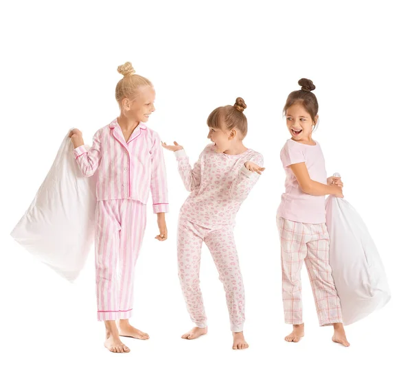 Emotional Little Girls Pillows White Background — Stock Photo, Image