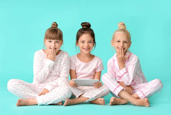 Cute Little Girls Tablet Computer Color Background — Stock Photo, Image