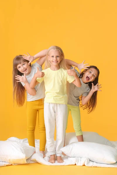 Cute Little Girls Pillows Color Background — Stock Photo, Image