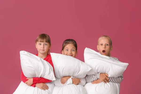 Emotional Little Girls Pillows Color Background — Stock Photo, Image