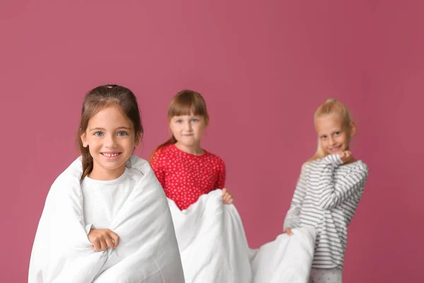 Cute Little Girls Blanket Color Background — Stock Photo, Image