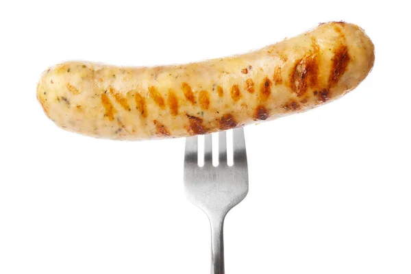 Fourchette Avec Délicieuse Saucisse Grillée Sur Fond Blanc — Photo