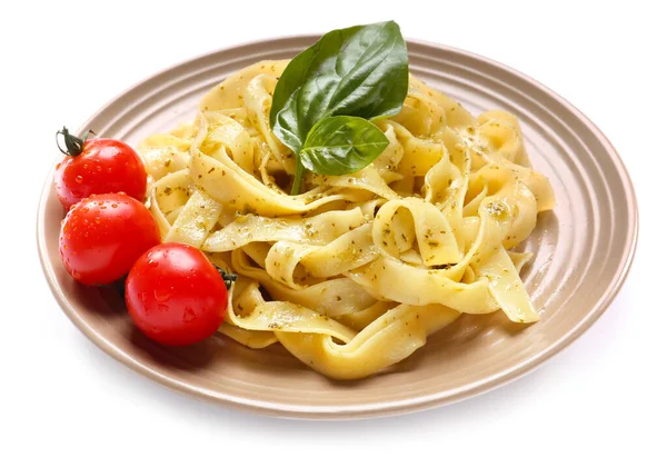 Piatto Con Gustosa Pasta Salsa Pesto Sfondo Bianco — Foto Stock