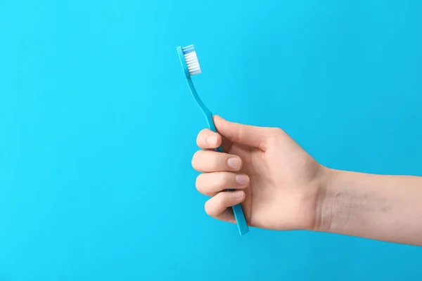 Hand Toothbrush Color Background — Stock Photo, Image