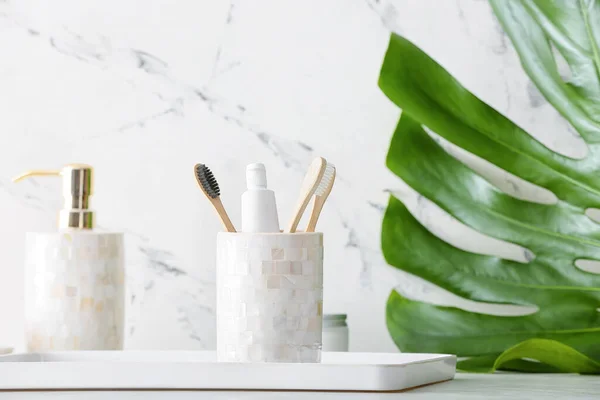 Holder Wooden Toothbrushes Toothpaste Table Bathroom — Stock Photo, Image