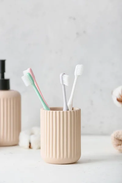 Holder Toothbrushes Table Bathroom — Stock Photo, Image
