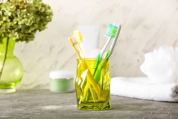 Holder Toothbrushes Table Bathroom — Stock Photo, Image