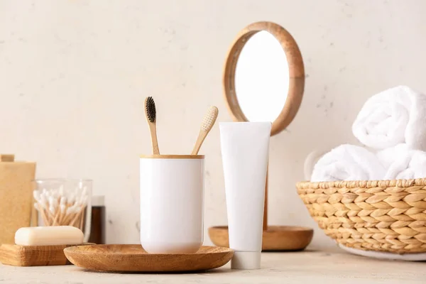 Holder Wooden Toothbrushes Toothpaste Table Bathroom — Stock Photo, Image