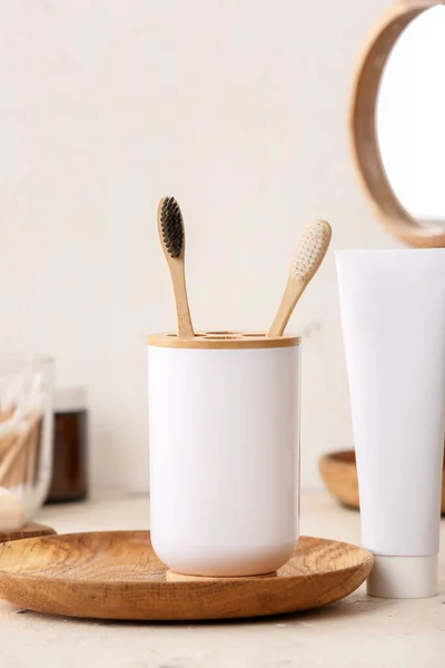 Holder Wooden Toothbrushes Toothpaste Table Bathroom — Stock Photo, Image