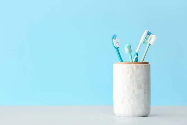 Holder Toothbrushes Color Background — Stock Photo, Image