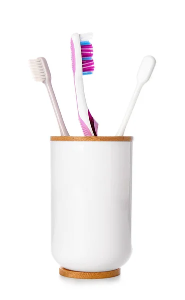 Halter Mit Zahnbürsten Isoliert Auf Weißem Hintergrund — Stockfoto