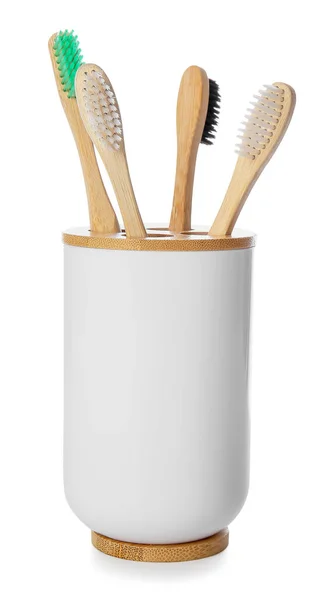 Holder Wooden Toothbrushes Isolated White Background — Stock Photo, Image