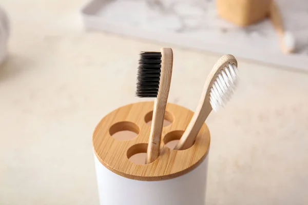 Holder Wooden Toothbrushes Table Bathroom — Stock Photo, Image