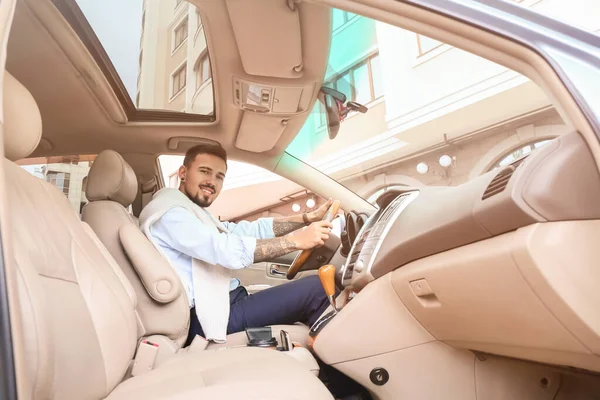 Handsome Man Driving Modern Car — Stock Photo, Image