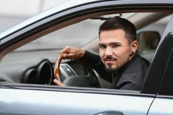 Handsome Man Driving Modern Car — Stock Photo, Image