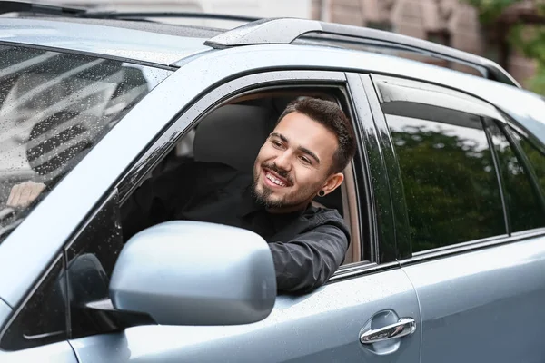 Handsome Man Driving Modern Car — Stock Photo, Image