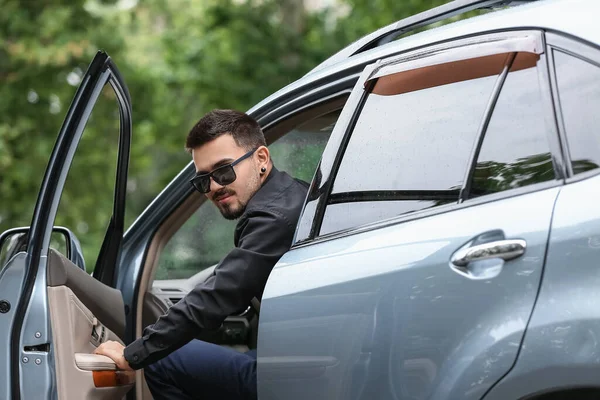 Handsome Man Getting Out Modern Car — Stock Photo, Image