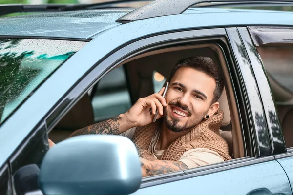 Handsome Man Talking Mobile Phone Modern Car — Stock Photo, Image