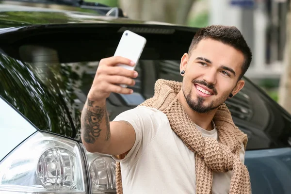 Handsome Man Mobile Phone Modern Car — Stock Photo, Image