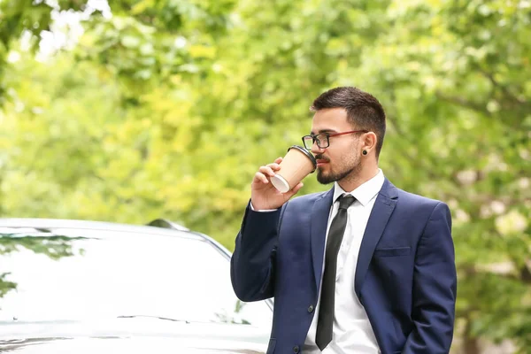 Successful Businessman Drinking Coffee Modern Car — Stock Photo, Image