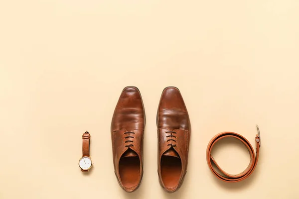 Stylish Male Accessories Classic Leather Shoes Color Background — Stock Photo, Image