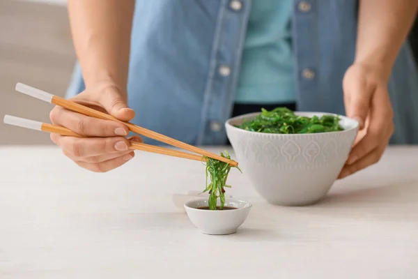 Woman Eating Tasty Seaweed Salad Kitchen — Stock Photo, Image