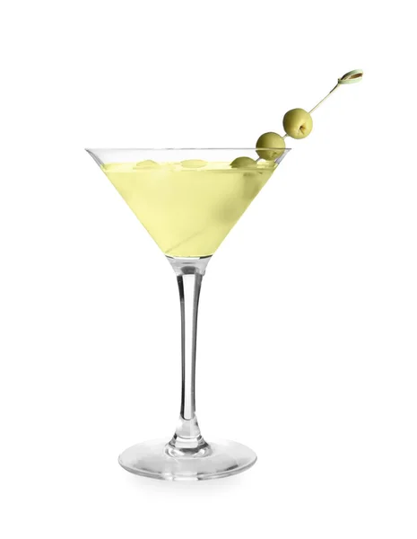 Verre Martini Savoureux Aux Olives Sur Fond Blanc — Photo