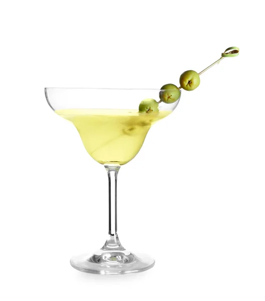 Verre Martini Savoureux Aux Olives Sur Fond Blanc — Photo