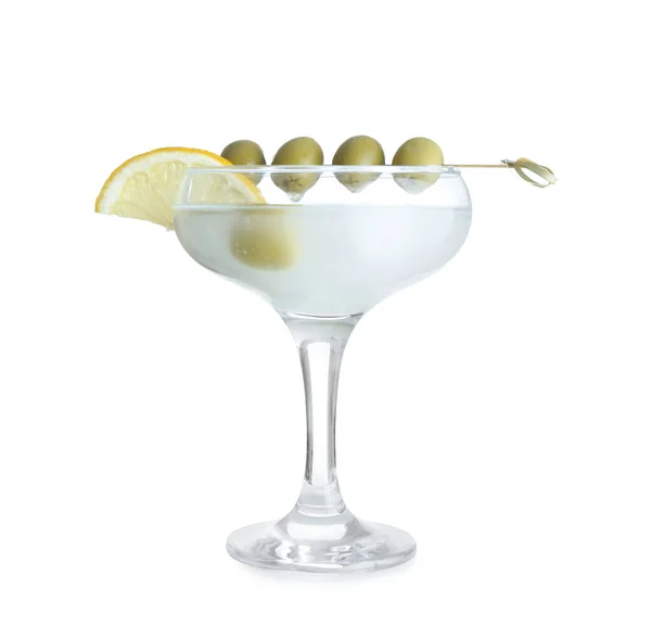 Verre Martini Savoureux Aux Olives Citron Sur Fond Blanc — Photo