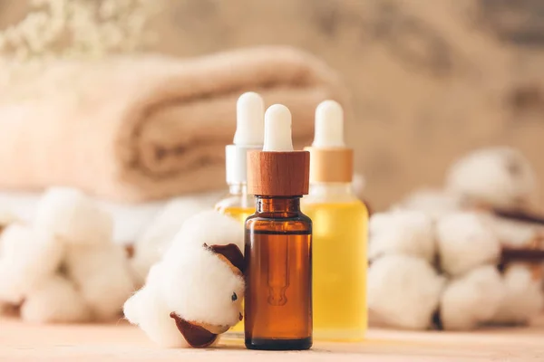 Bottles Essential Cottonseed Oil Table — Stock Photo, Image