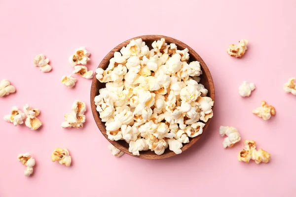 Bowl Tasty Popcorn Color Background — Stock Photo, Image