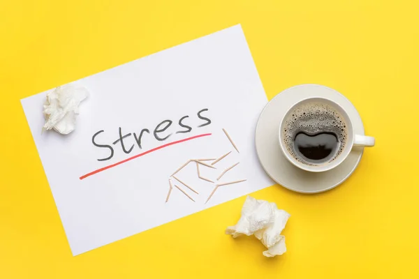 Foglio Carta Con Parola Stress Tazza Caffè Sfondo Colore — Foto Stock