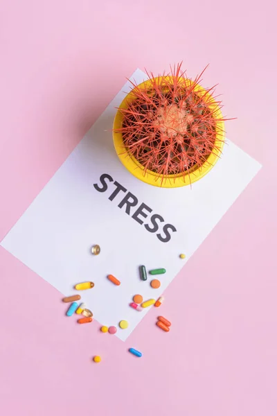Pappersark Med Ord Stress Kaktus Och Piller Färg Bakgrund — Stockfoto