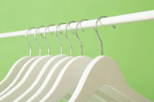 Rack Clothes Hangers Color Background Closeup — Stock Photo, Image