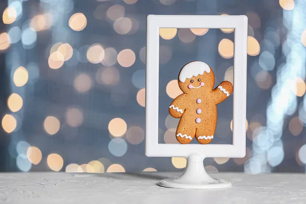 Gingerbread Cookie Frame Table Blurred Lights — Stock Photo, Image