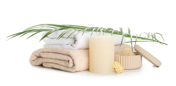 Spa Sammansättning Med Doft Ljus Vit Bakgrund — Stockfoto