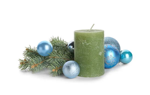 Prachtige Kerstcompositie Met Aromakaars Witte Achtergrond — Stockfoto