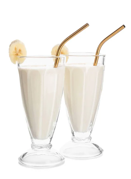 Glasses Tasty Banana Smoothie White Background — Stock Photo, Image
