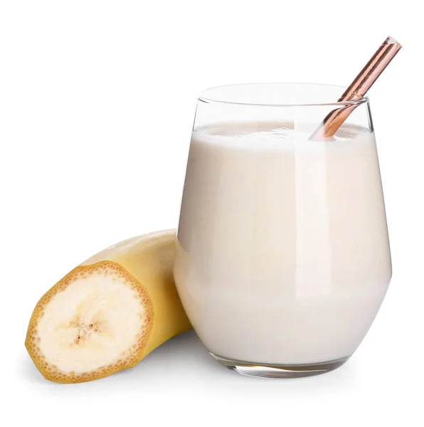 Glass Tasty Banana Smoothie White Background — Stock Photo, Image