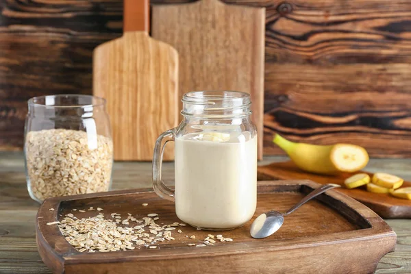 Mason Jar Tasty Banana Smoothie Table — Stock Photo, Image